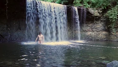 Muscular Asian Hunk Flexes in Speedo by Waterfall - Tight Ass & Hole Tease, Strips Naked & Explodes with Massive Cumshot
