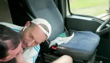Three guys in a truck blowjob