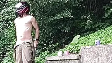 Jerking off in Public on the Road Near a Spring, Caught by a Young Man Masturbating Completely Naked