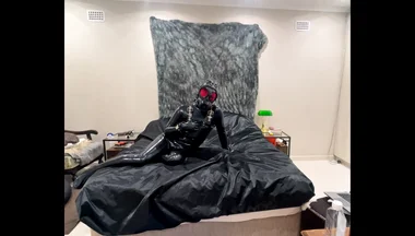 Latex Drone Activation - Gas Mask Transformation in Glossy Black Latex