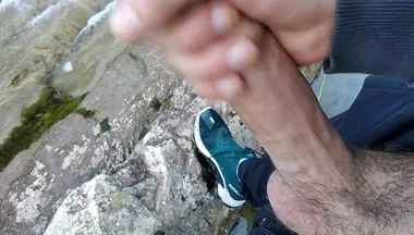 Handsome Gives Perfect Cumshot From Nice Big Hard Cock Spit in Front of River Waterfall