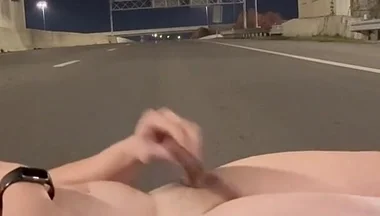 Naked Muscled Asian Walks to the Middle of an Empty Road at Night, Flexes Hard & Shoots a Massive Load