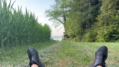 Risky Bwc Stroking Outdoors on Meadow with Lake View - Big Cumshot