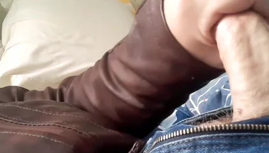 Jerk and Cum on New Brown Leather Jacket