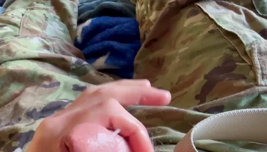 Army Soldier Jerks off Wearing His Sarge's Red and White Boxers and Shoots a Hot Load of Cum!