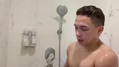 Filipino Muscle Twink Strokes His Hard Cock in Hotel Shower Until He Explodes