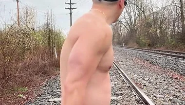 Rain-soaked Asian Muscle God in Jockstrap Bounces Pecs, Shows V-taper & Eats His Massive Load on Train Tracks