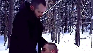 Two Straight Bearded Pig Unloading Their Balls In The Snowy Fields