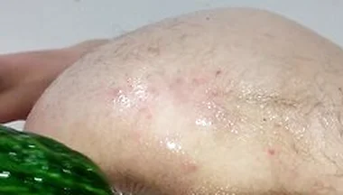 Close Up Cucumber Insertion With Massage Oil And Precum As Lube