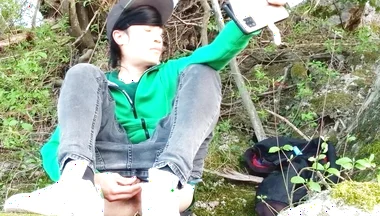 Risky Masturbation Outdoors a Man's Voice Caught This Cute Gay Twink with His Balls Hanging Out, Jerking off His Uncut Foreskin
