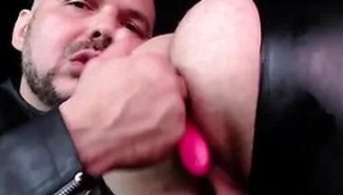 Playing With His Pussy At The Backyard With Fully Leather On