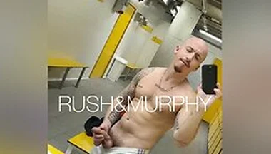 He Masturbates His Huge Cock In The Gym Showers While Muscular Straight Man Spies On Him