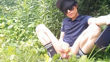 Gay Twink Jon Arteen Jerks off His Cock with an Oiled Fleshlight Outside in the Wilderness, His Cock Leaks Precum and Ejaculates
