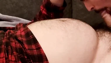 Sucking off a Hairy Bear on the Sofa
