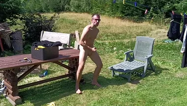 Jerking off While Hanging Out the Laundry