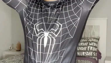 Big Cumshot with My Big Cock and No Hands! Spiderman Outfit
