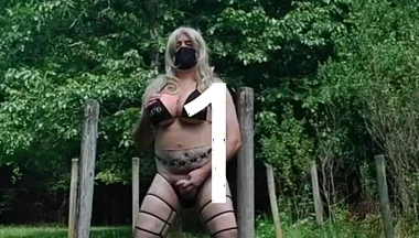 Huge Fake Tits Crossdresser in a Bikini Outside Jacking off