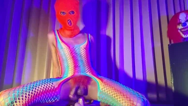 Orange Balaclava Mask Sissy Trans Dyed Pubic Hair Fuck Myself with Dildo