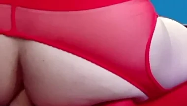 In a Red Bodysuit on the Floor. Inside While Cumming on Her Belly
