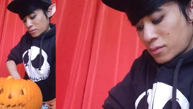Sfw Jon Arteen Cute Twink Emo Femboy Carves a Halloween Pumpkin in His Underwear Jack-o'-lantern