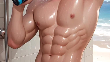 Soft Kawaii Boy in Beach Shower with Pastel Pink Hair