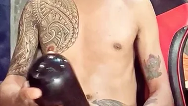 Pinoy Horny Inked Twink Playing with His Masturbator Toy