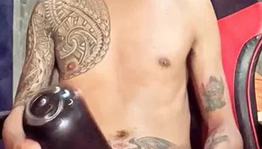 Pinoy Horny Inked Twink Playing with His Masturbator Toy