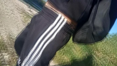 Who Will Spot This Twink in a Black and White Adidas Tracksuit, Flashing His Cock in Public Going Commando Freeballing, Peeing I