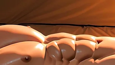 Roided Asian Hunk Lying in Luxury Tent Under Stars at Sunrise