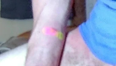 Jerking off with Blue Beater on, Standing up Near Camera