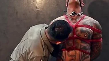 Bound Muscular Damian Dragon Jerks Off Massive Cock