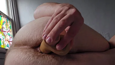 Chubby White Stepdaddy Tries Vibrating Dildo