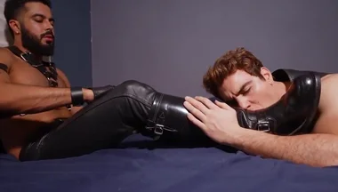 Leather master boots and feet licking cum load