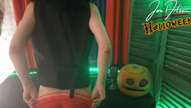 Twink Devil Jon Arteen Does Halloween Striptease, Crossdresses, Shows His Smooth Ass, Strokes His Glans, Jerks off Cock