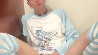 Blue Femboy Having Fun with New Toy