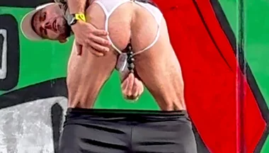 Sporty Guy in Lingerie Thong Exposing Outside
