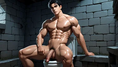 East Asian Handsome Boy Jerking in Library Toilet Under Moonlight Ruins