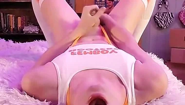 Cute Femboy Squirts Cum in His Mouth and Swallows