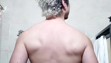 Handsome Flexing Muscles in the Bathroom, Big Cock