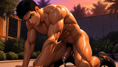 Muay Thai Fighter Kneeling with Cum Dripping From Erect Dick at Twilight