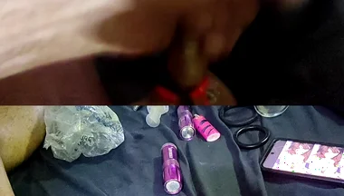 Masterbating with Cock Rings in Two Screens