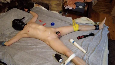 Chastity Guy Tied to the Bed, Allowed to Cum and Locked Again