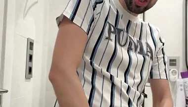 Hot Stepdaddy Wanking off in Public Bathroom