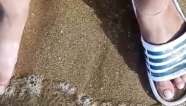 Feet and the Sea Extra Slowmotion - One Foot Barefoot and Foot in Slide - Great Feet in Sea