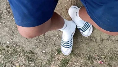 Making Socks Dirty in Slides - Used Socks and Slides and Uncut Soft Cock