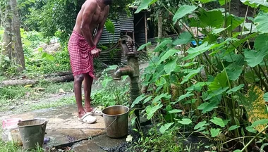 Tha naked Indian mature man shower in open place and showing body and dick..