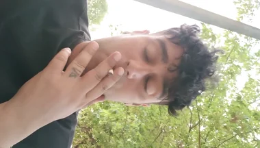 Smoking Outdoor and Showing Balls and Soft Uncut Cock