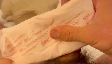 Smelling Pantyliner Inspires Cum on Huge Kotex Pad