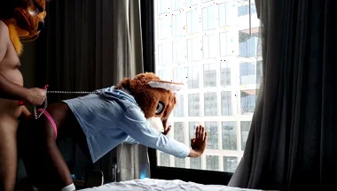 Bareback Femboy Furry Fursuit Fuck in Front of Window