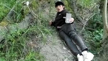 Cute Jon Arteen Gay Twink Jerks off Outdoors, Dry-humps the Air, and Shoots Cum Through a Hole in His Pants